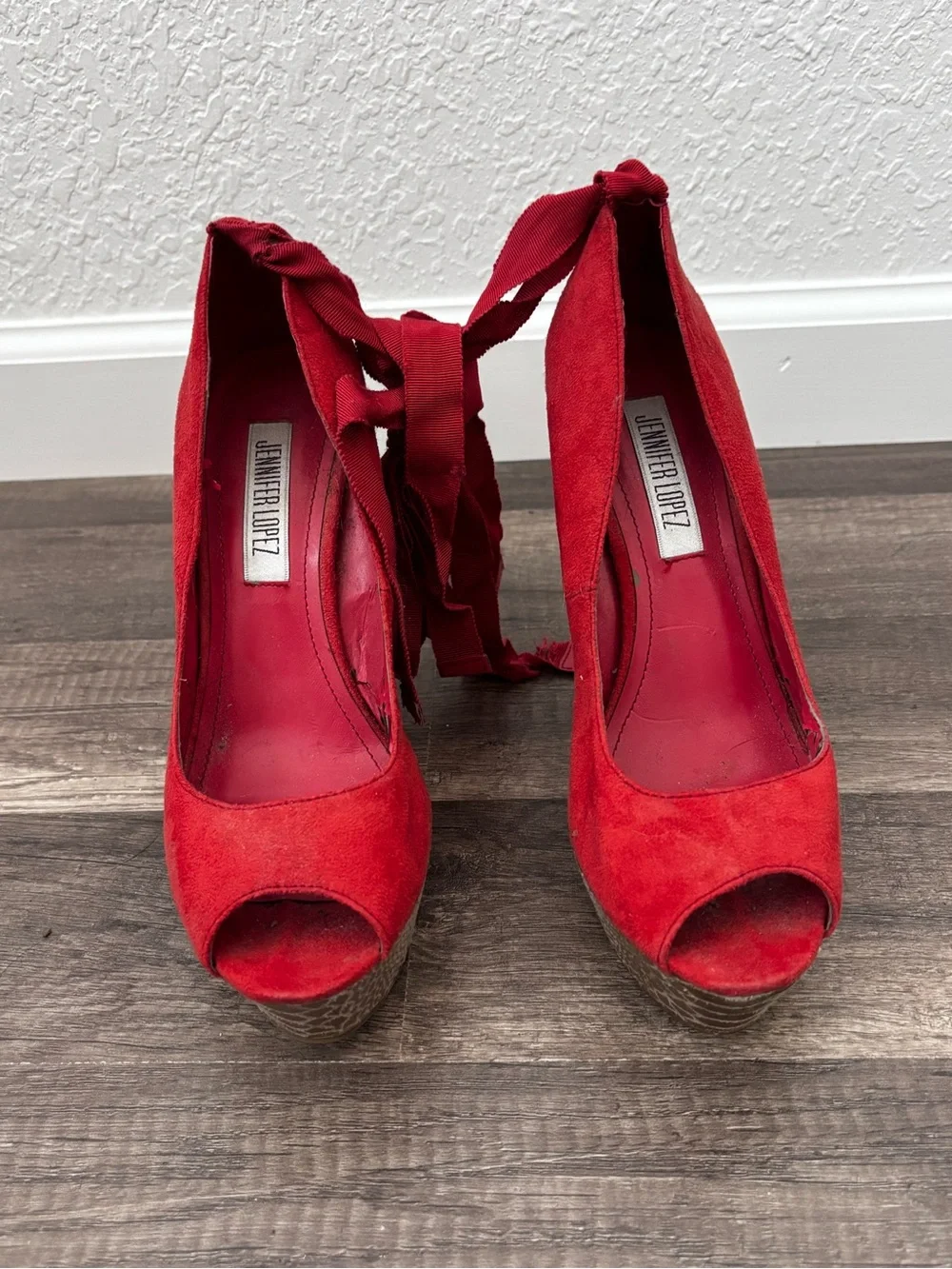 Jennifer Lopez Red Suede Peep-Toe Platform Espadrille Heels with Ankle Tie